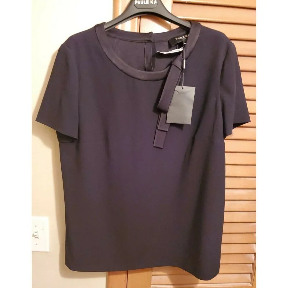 PAULE KA Womens Black Short Sleeve Top Satin Trim Satin NWT